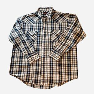 Plains Western Wear Pearl Snap Long Sleeve Blue Plaid Shirt Size XL